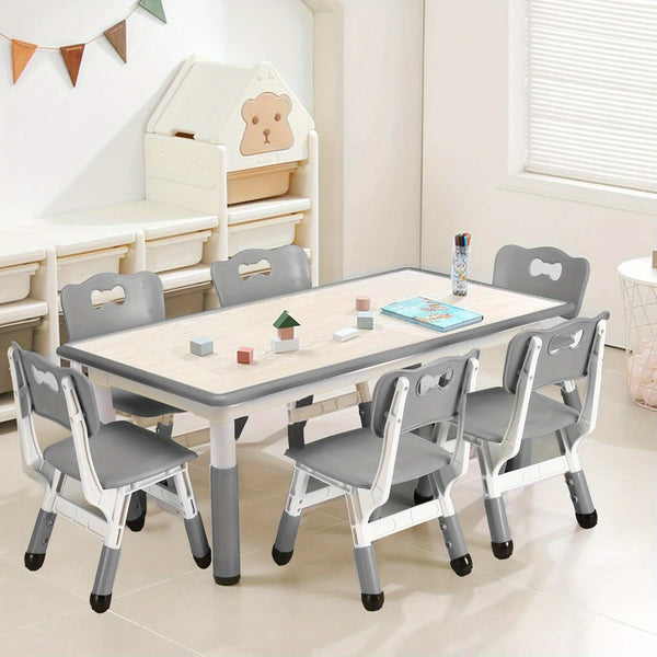 Children Table and Chairs Set, Height Adjustable Desk with Graffiti Desktop, Arts & Crafts Table with 6 Seats, Non-Slip Legs, Max 300lbs, Table and Chairs Suitable for Children Ages 3-10