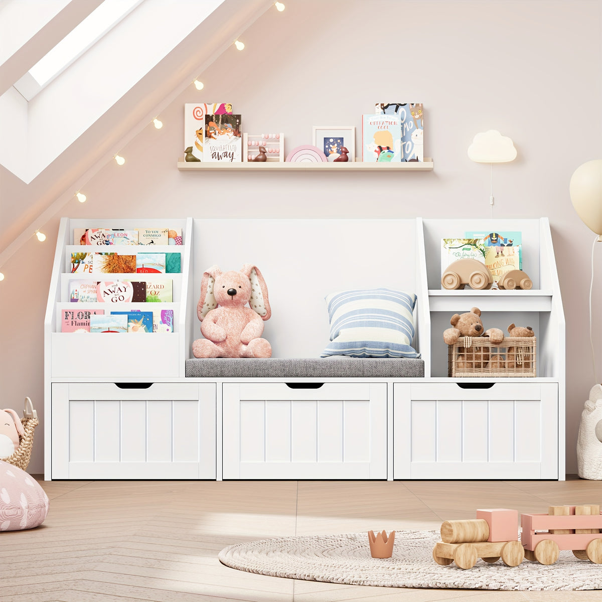 55.1'' White Bookshelf, Bookshelf With Reading Corner, Storage Cabinet With Seat Cushion And 3 Movable Drawers, Storage Bins And Storage Cabinet With Bench For Playroom, Living Room