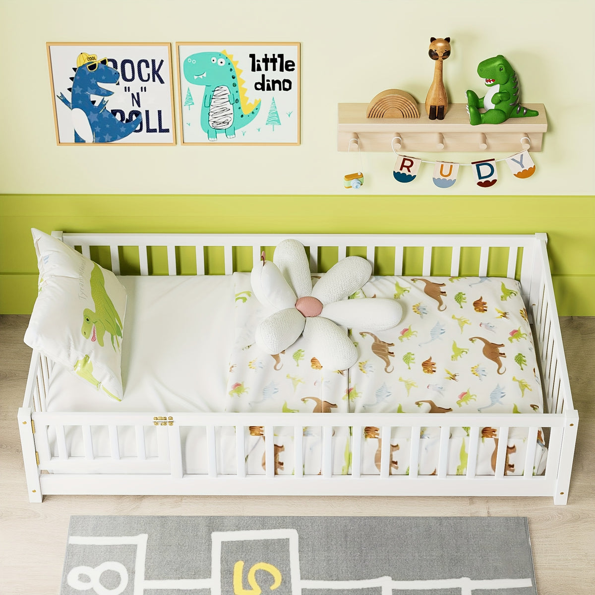 Kids' Double\u002FFull\u002FQueen Bed Frame, Solid Wood with Reinforced Horizontal Bars, High-Safety Safety Rail and Fun Small Door Design, Durable Bed Suitable for Girls and Boys, Helps Develop Independence, Easy to Assemble