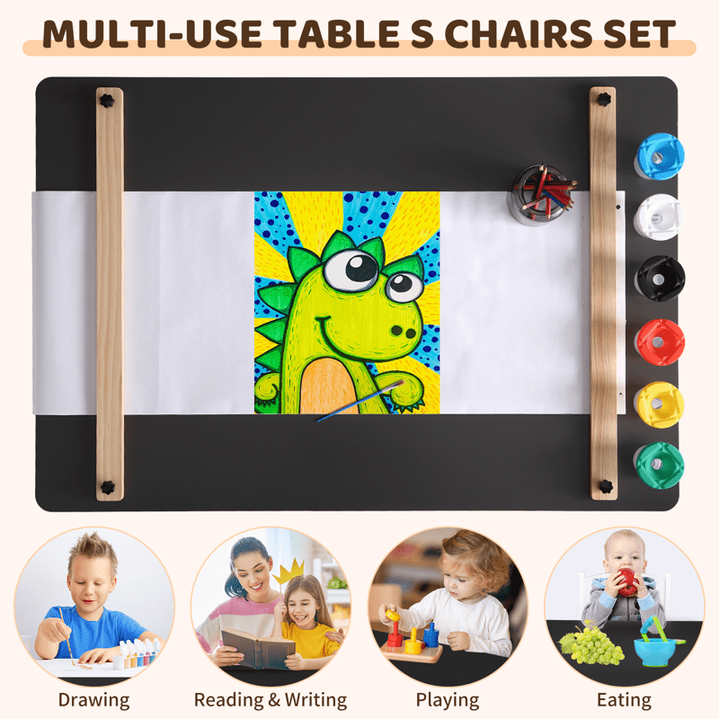 Kojooin Youngsters' Art Table Set with 2 Chairs - Black & White Craft and Play Activity Table with 6 Storage Bins & Paper Roll, Drawing Table