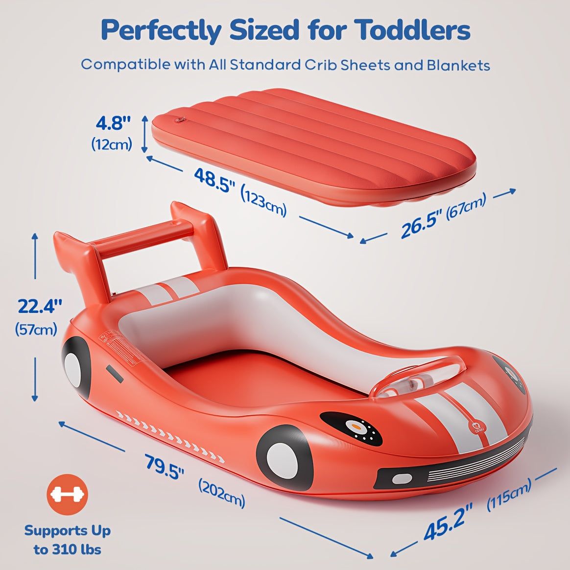 Inflatable Kids Bed with Sides - Race Car Design Portable Travel Bed with Hand Pump, Durable Plastic Construction & Safety Rails, Indoor\u002FOutdoor Air Mattress for Camping, Hotels, Home Use - No Assembly Required, Lightweight & Easy Setup
