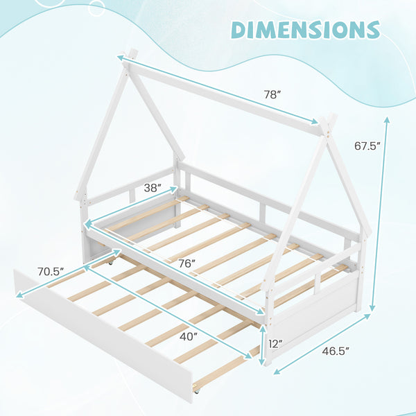 Charming Twin House Bed with Trundle - Sturdy Wooden Frame, Safety Guardrail & Roof - Perfect for Youngsters' Room Decor, No Box Spring Needed, Grey\u002FWhite