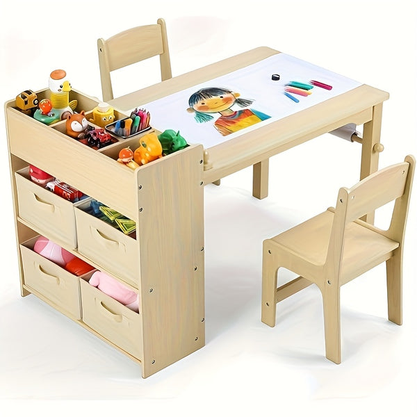 Children'S Table With 2 Chairs, Children'S Seating Group With Storage Space, Wooden Children'S Table Chair Set, Painting Table Desk With Paper Roll And 4 Storage Boxes, Children'S Table For School Daycare