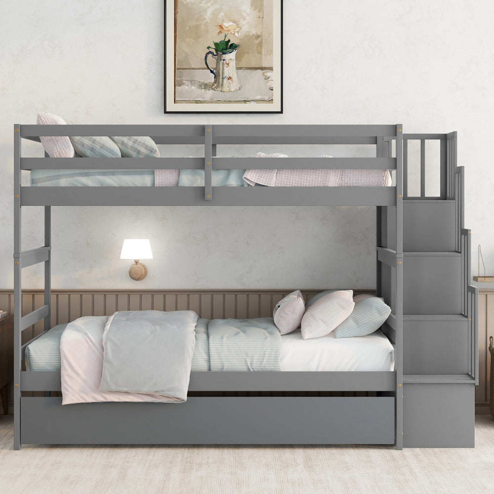 RIDFY Twin over Twin Bunk Bed with Twin Trundle & Stairway Storage - Space-Saving Hardwood Frame, Retro Style, Easy Assembly, Grey - Ideal for Youngsters' Rooms, Guest Bedrooms, Dorms