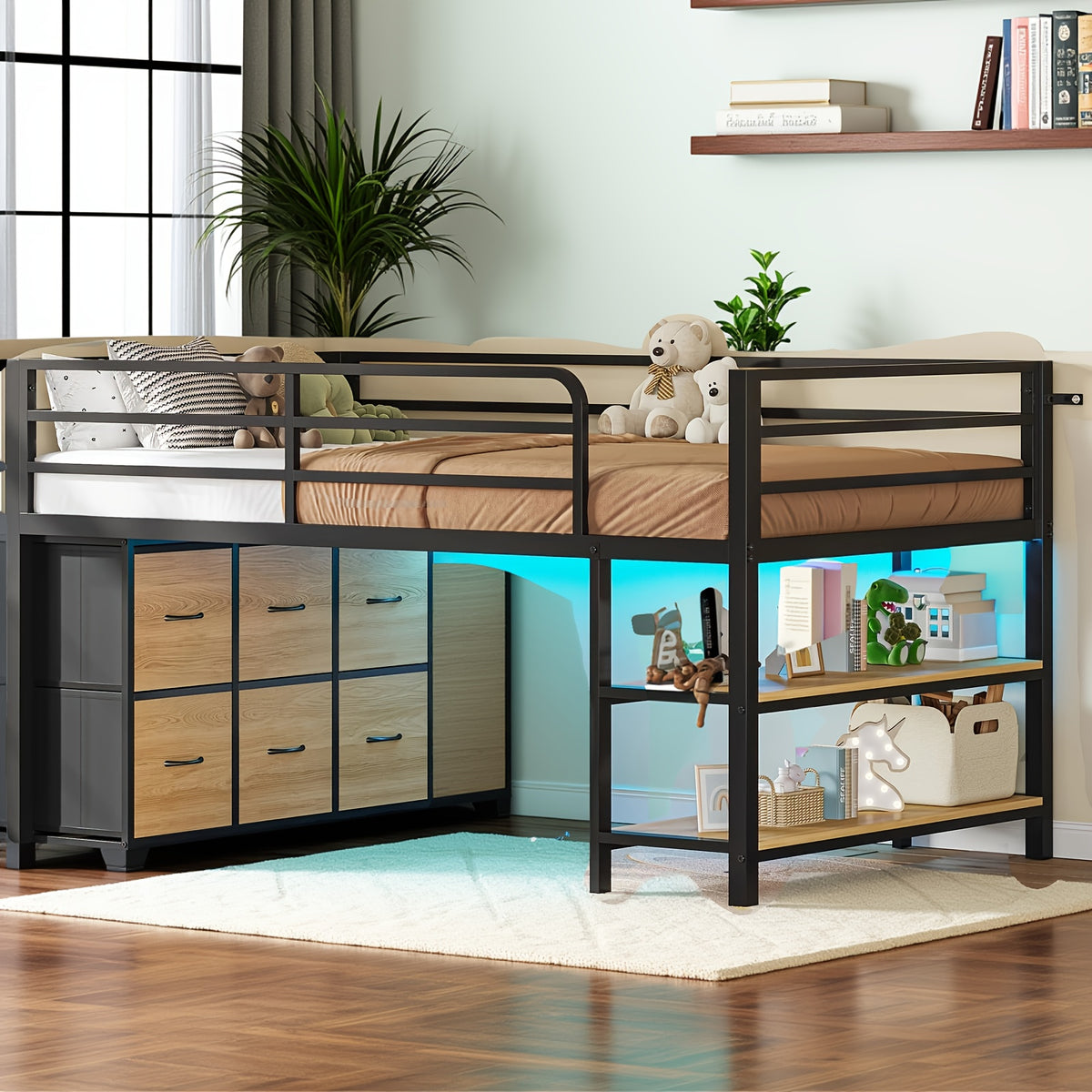 Storage Loft Bed With LED Metal Twin Loft Bed With 6 Storage Drawers & Open Shelves | LED Lights, 15\