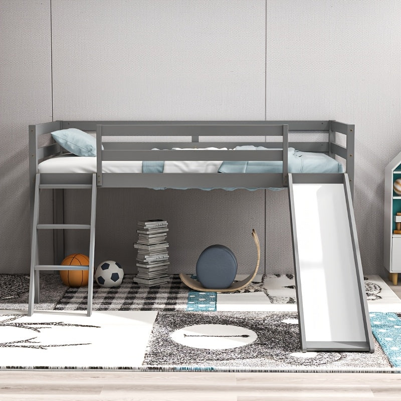 Modern Twin Size Loft Bed with Slide & Stairs, Solid Pine Wood, Space-Saving Design, Safety Guardrails, Anti-Slip Steps, Easy Assembly, Gray Finish for Youngsters' Room or Playroom, Youngsters' Room Furniture | Modern Aesthetic | Natural Finish Bed