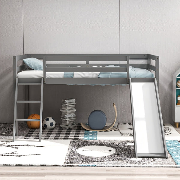 Modern Twin Size Loft Bed with Slide & Stairs, Solid Pine Wood, Space-Saving Design, Safety Guardrails, Anti-Slip Steps, Easy Assembly, Gray Finish for Youngsters' Room or Playroom, Youngsters' Room Furniture | Modern Aesthetic | Natural Finish Bed