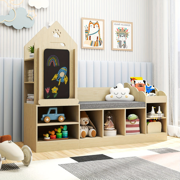 Kids Bookshelf With Cozy Reading Corner, Wooden Toy Organizer With Bench And Chalkboard, Toy Storage For Bedroom, Nursery, Or Playroom, Natural Oak Finish