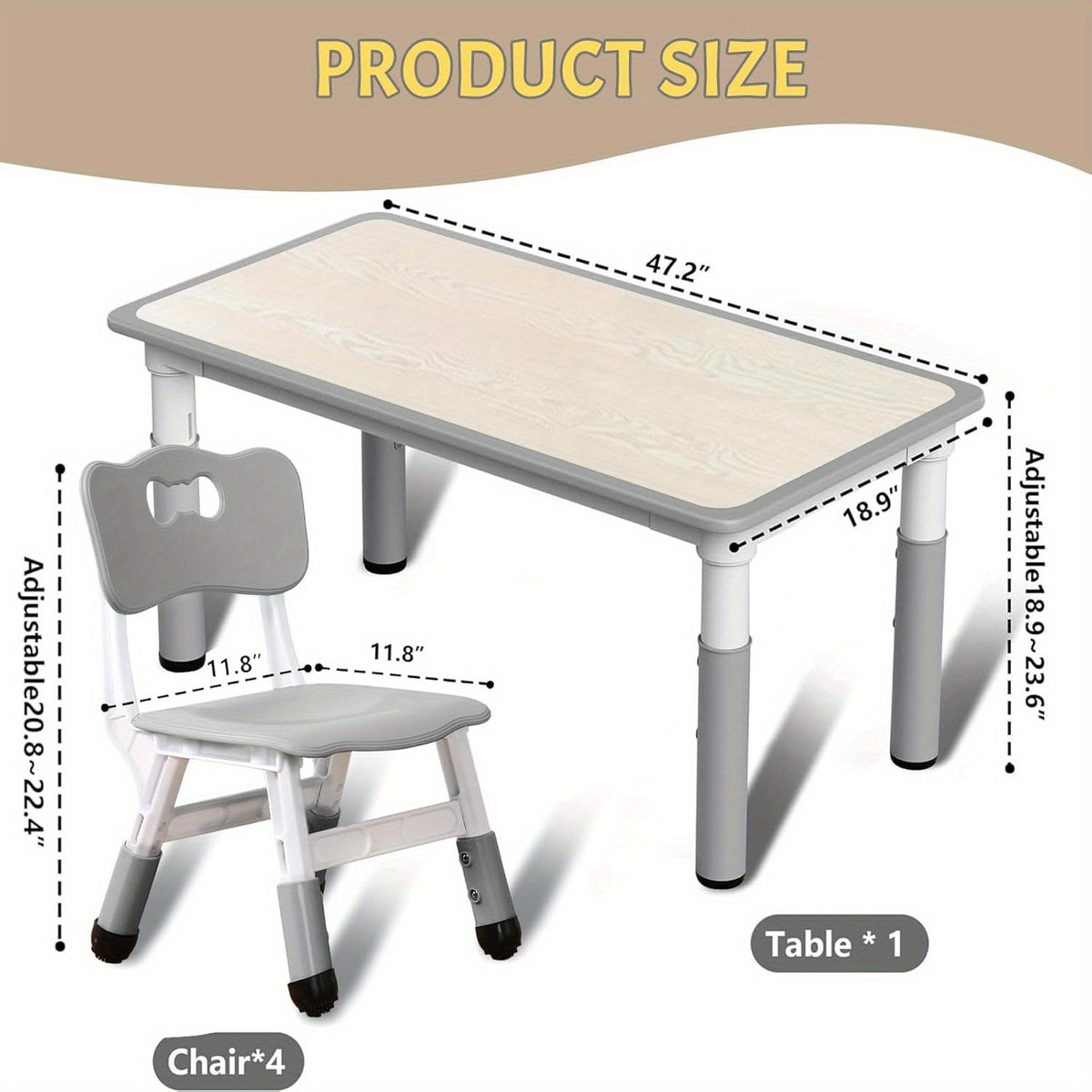 Children Table and Chairs Set, Height Adjustable Desk with Graffiti Desktop, Arts & Crafts Table with 6 Seats, Non-Slip Legs, Max 300lbs, Table and Chairs Suitable for Children Ages 3-10