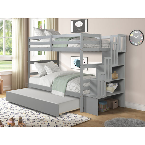RIDFY Twin over Twin Bunk Bed with Twin Trundle & Stairway Storage - Space-Saving Hardwood Frame, Retro Style, Easy Assembly, Grey - Ideal for Youngsters' Rooms, Guest Bedrooms, Dorms