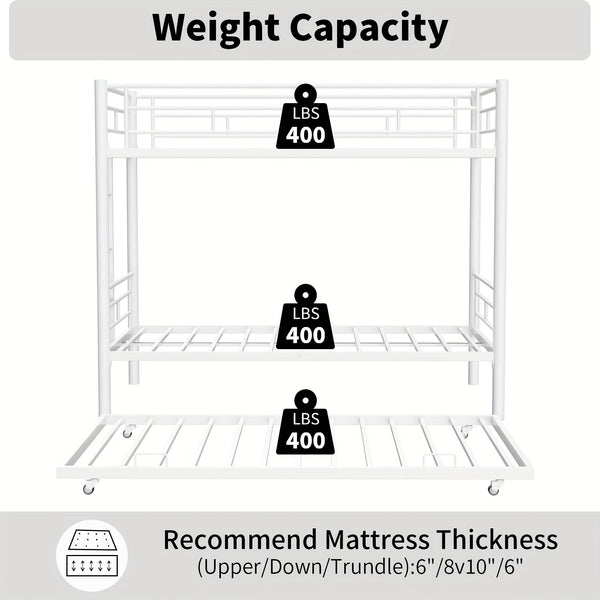Twin Over Twin Bunk Bed With Trundle, Metal Bunkbeds With Ladder And Full-Length Guardrail, Noise Free, No Box Spring Needed
