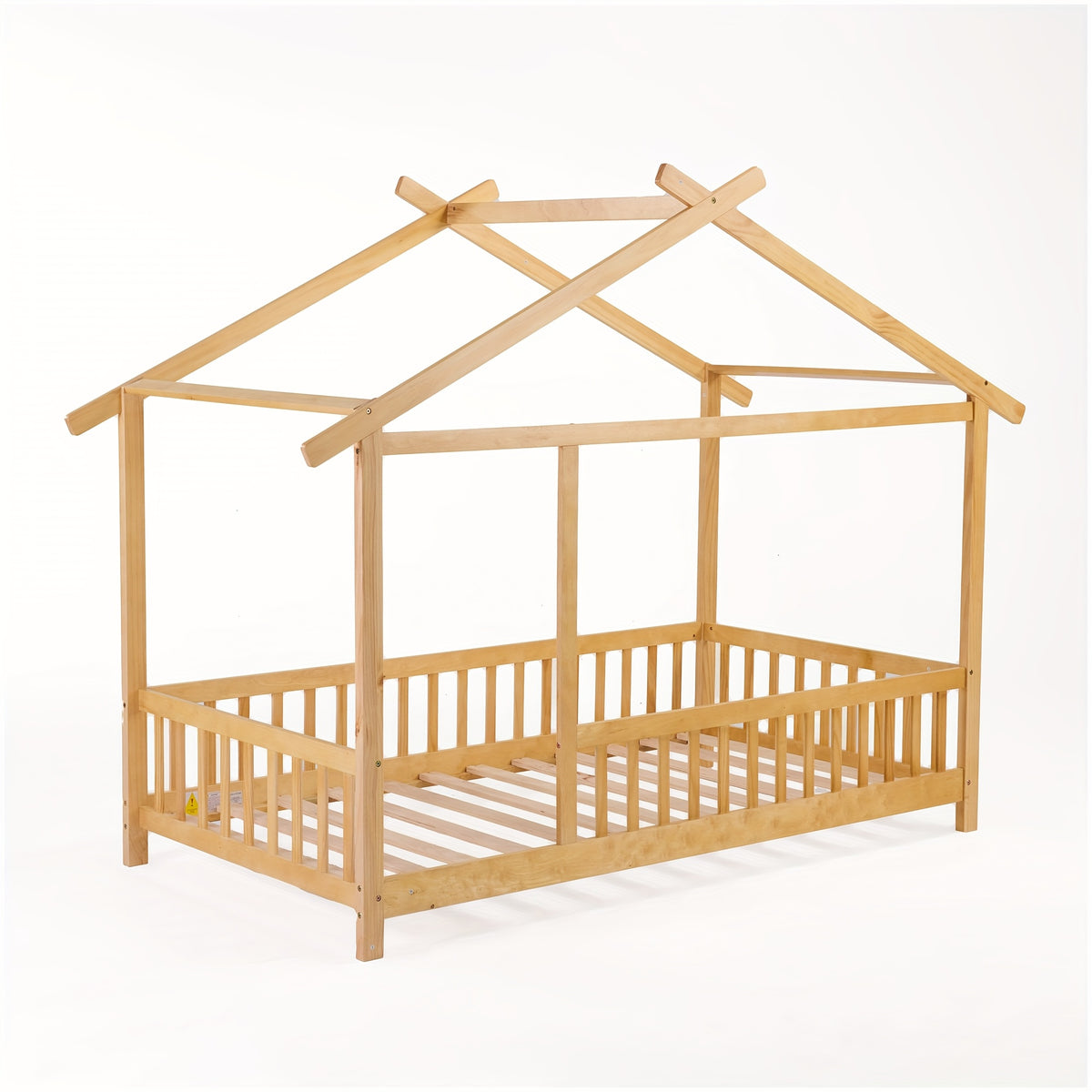SOGES Wood Montessori House Bed Frame – Low Floor Bed With Fence & Guardrails, Bed Frame With House Roof Canopy, Decoratable Playhouse Bed, No Box Spring Needed
