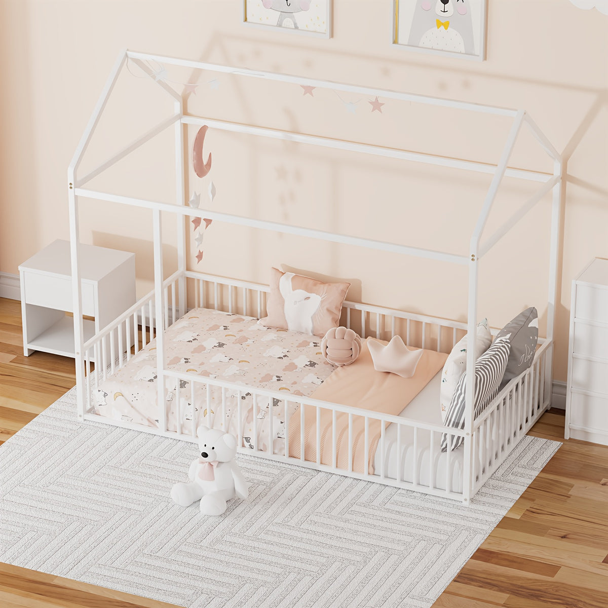 Twin\u002FFull Size Metal Floor Bed, Floor Bed Frame With Safety Fence For Bedroom, Can Be Decorated, No Box Spring Needed, Black And White