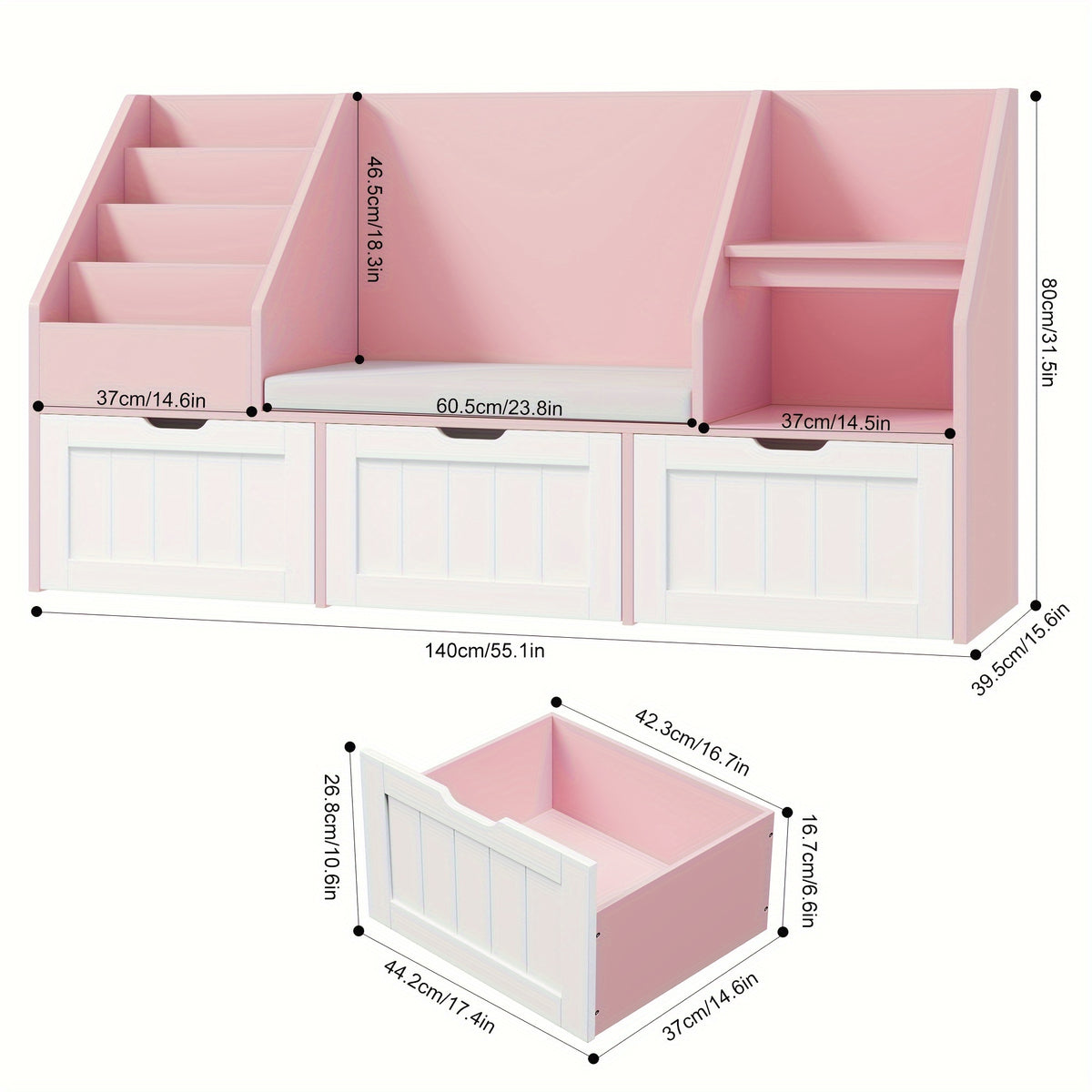 55.1'' White Bookshelf, Bookshelf With Reading Corner, Storage Cabinet With Seat Cushion And 3 Movable Drawers, Storage Bins And Storage Cabinet With Bench For Playroom, Living Room