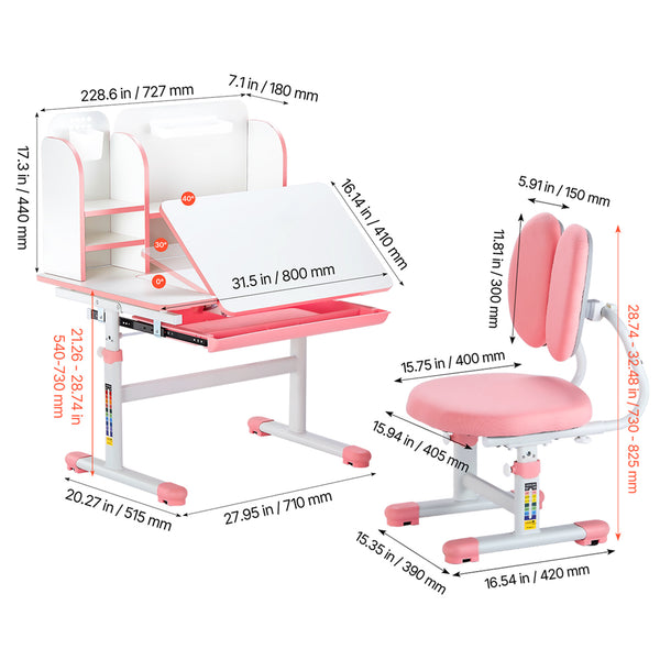 VEVOR Kids Study Chair and Desk Set, Study Desk and Chair for Kids with Bookshelf and Storage Drawer, Adjustable Height Kids Study Desk with Chair, Children Study Table for Bedroom & Study Room, Pink\u002Fblue 20.5-40.34inch\u002F20.5-43.5inch