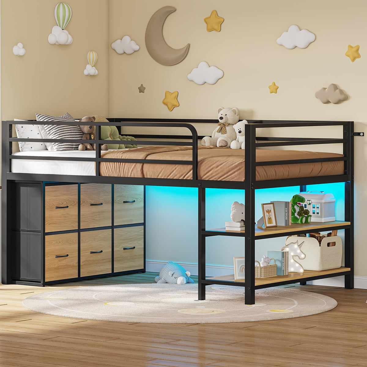Storage Loft Bed With LED Metal Twin Loft Bed With 6 Storage Drawers & Open Shelves | LED Lights, 15\