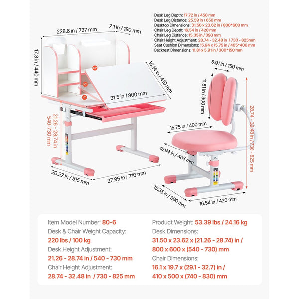 VEVOR Kids Study Chair and Desk Set, Study Desk and Chair for Kids with Bookshelf and Storage Drawer, Adjustable Height Kids Study Desk with Chair, Children Study Table for Bedroom & Study Room, Pink\u002Fblue 20.5-40.34inch\u002F20.5-43.5inch