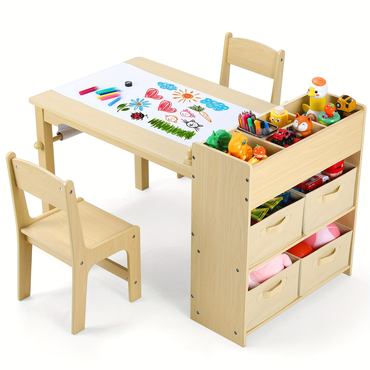 Children'S Table With 2 Chairs, Children'S Seating Group With Storage Space, Wooden Children'S Table Chair Set, Painting Table Desk With Paper Roll And 4 Storage Boxes, Children'S Table For School Daycare