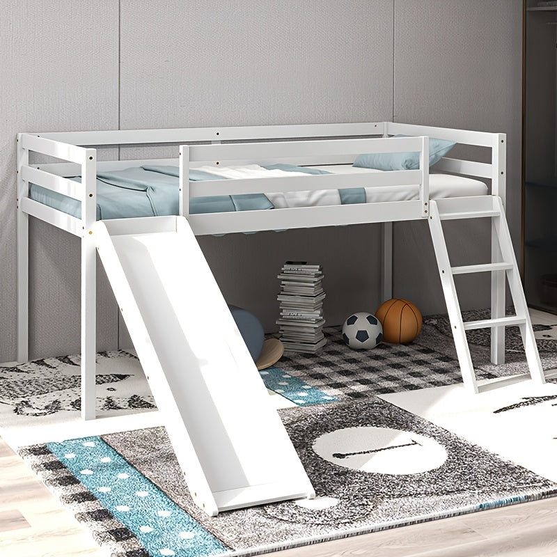 Modern Twin Size Loft Bed with Slide & Stairs, Solid Pine Wood, Space-Saving Design, Safety Guardrails, Anti-Slip Steps, Easy Assembly, Gray Finish for Youngsters' Room or Playroom, Youngsters' Room Furniture | Modern Aesthetic | Natural Finish Bed