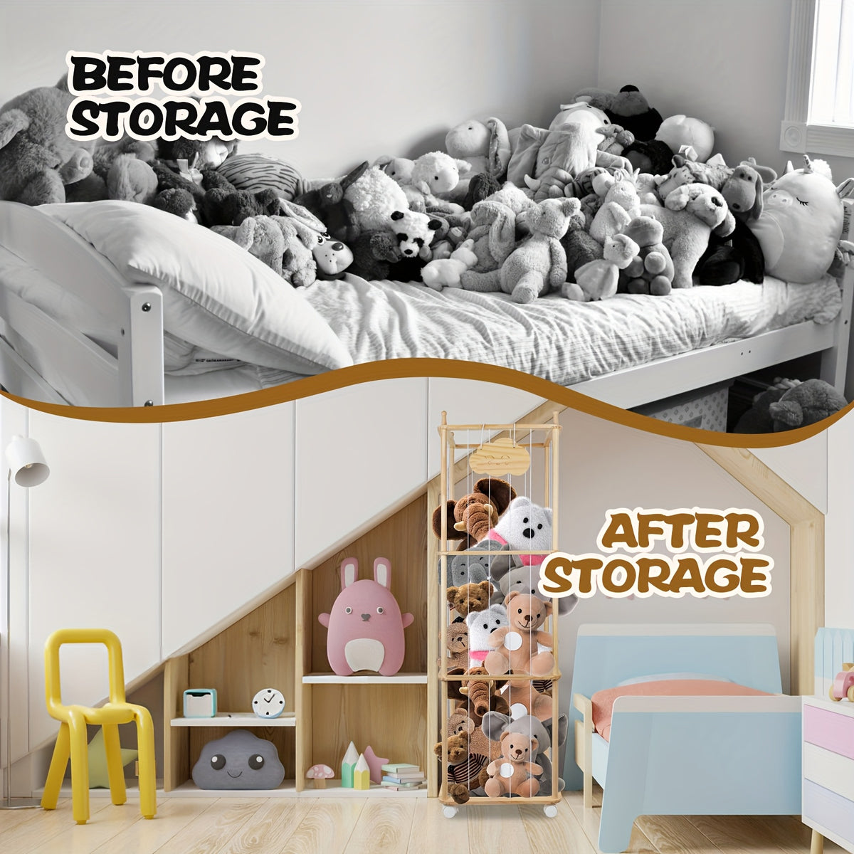 Zoo Animal Wooden Storage Rack 3-Tier Sturdy Zoo Animal Wooden Storage Rack with Elastic Rope & Lockable Wheels - Cedar Finish Lightweight Organizer for Stuffed Animals, Perfect for Bedroom, Ideal Christmas Gift