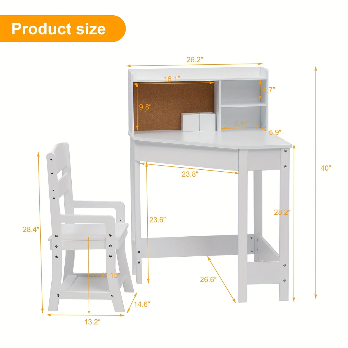 Kids Desk And Chair Set, Wooden Corner Study Table With Bookshelf, Bulletin Board, And Pen Holder, Writing Table