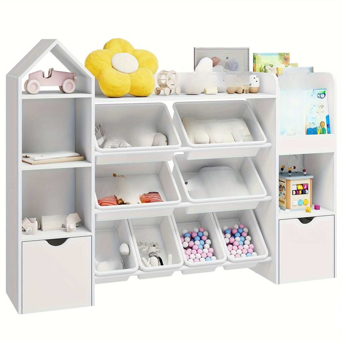 8-Bin Storage Organizer 8 Removable Bins, 4-Tier Shelf with 4 Cubbies Multifunctional Storage Organizer | Bookshelf and 2 Storage Boxes on Wheels, for Living Room, Office, Entryway, White