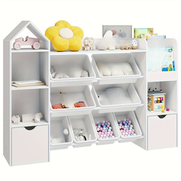 8-Bin Storage Organizer 8 Removable Bins, 4-Tier Shelf with 4 Cubbies Multifunctional Storage Organizer | Bookshelf and 2 Storage Boxes on Wheels, for Living Room, Office, Entryway, White