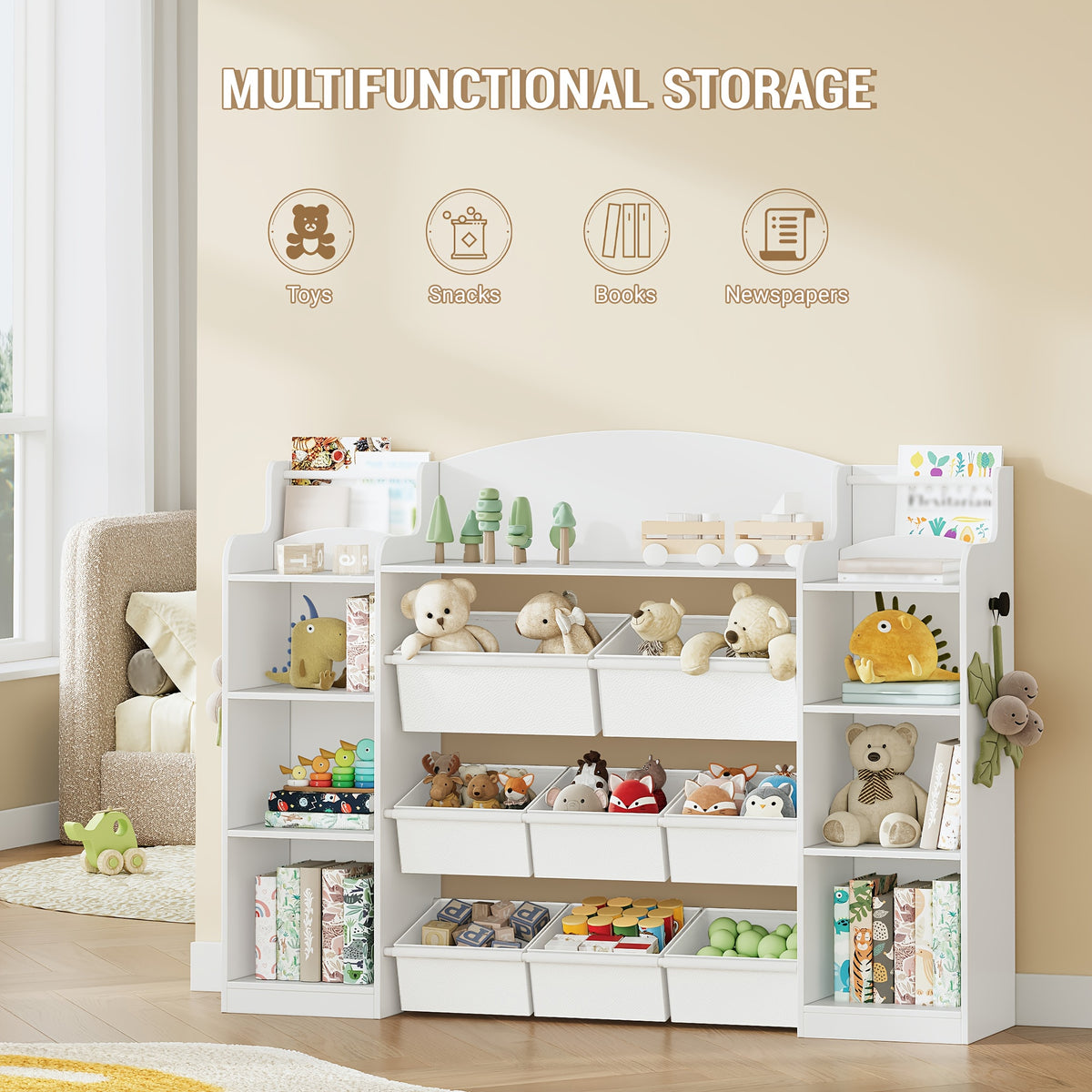 Kids Bookshelf, Toy Storage Organizer, Toy Shelf with 8 Storage Bins, 4-Tier Toddler Bookshelf for Children's Room, Bedroom, Playroom, Living Room, Study Room, Nursery White