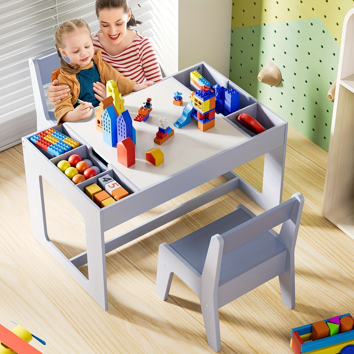 Children's Table with 2 Chairs, Children's Seating Group with Storage Space, Children's Table Chair Set with Reversible Table Top, Children's Desk for School, Daycare Center, Children's Room, for Children From 3 Years for Christmas and Halloween