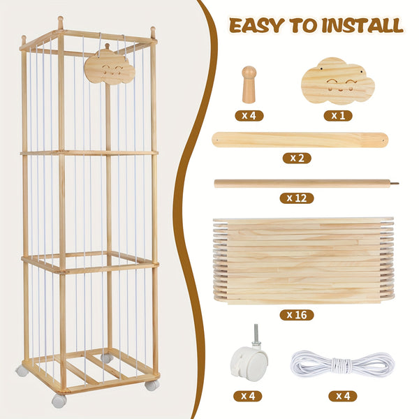 Zoo Animal Wooden Storage Rack 3-Tier Sturdy Zoo Animal Wooden Storage Rack with Elastic Rope & Lockable Wheels - Cedar Finish Lightweight Organizer for Stuffed Animals, Perfect for Bedroom, Ideal Christmas Gift