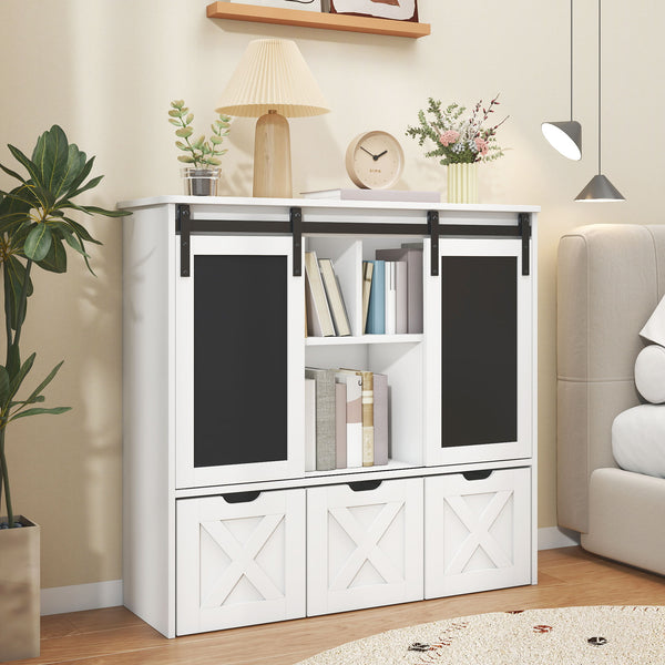 Storage Organizer With Sliding Blackboard, Bookshelf And Bookcase With 3 Movable Drawers & 5 Storage Cubbies, Multifunctional Storage Cabinet Chest For Playroom, Bed Room