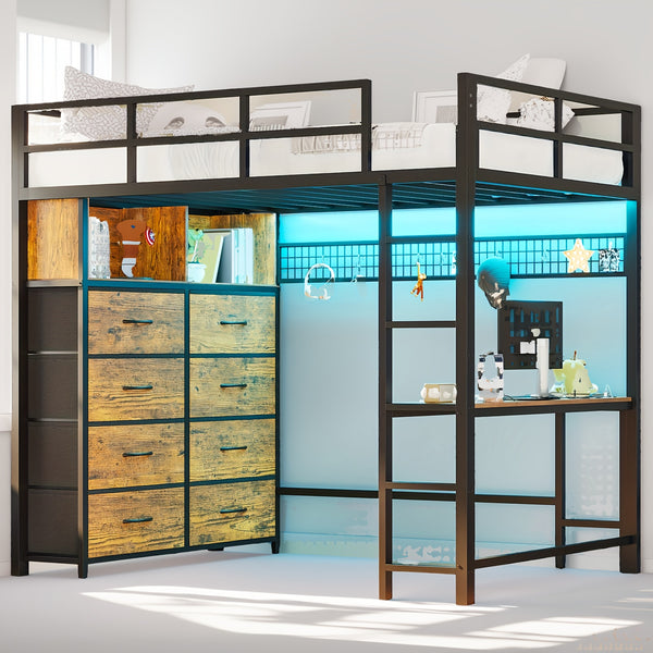 Storage Loft Bed With LED Metal Twin Loft Bed With 6 Storage Drawers & Open Shelves | LED Lights, 15\