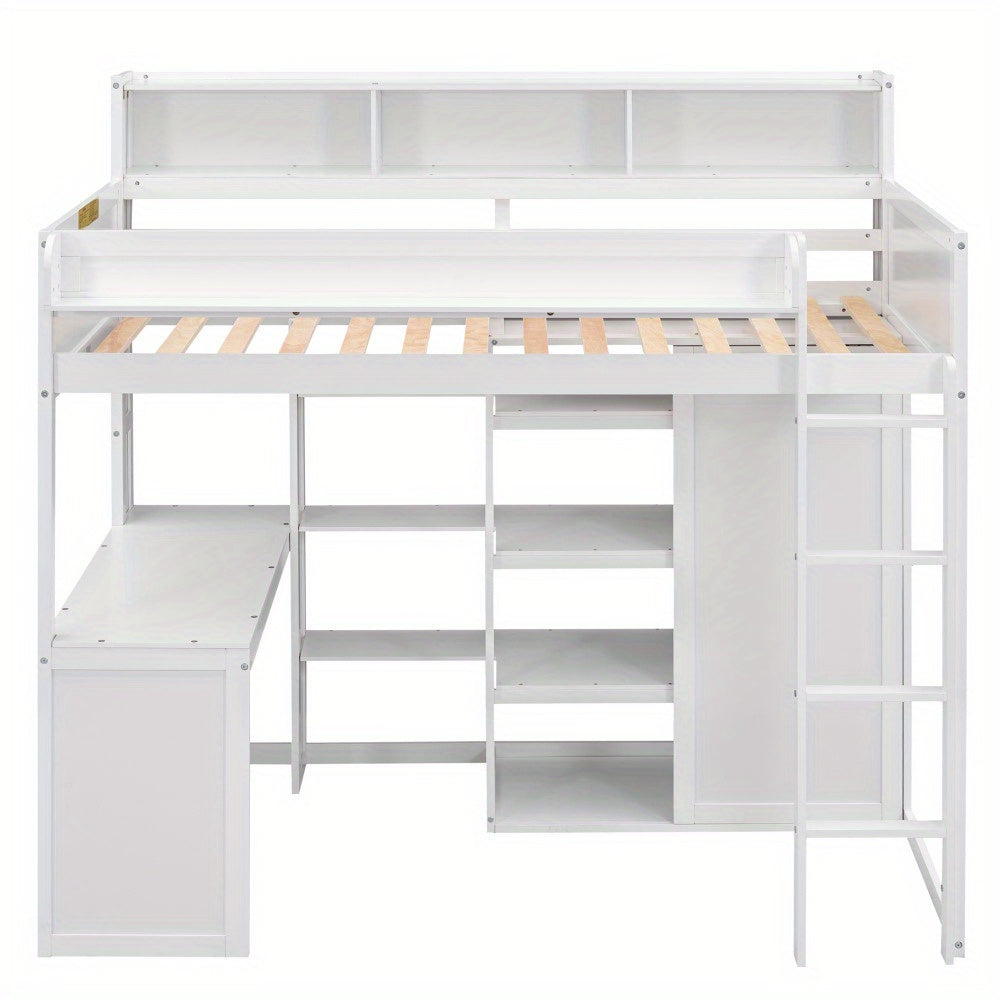Wood Twin Size Loft bed with Multiple Storage Shelves and Wardrobe, White