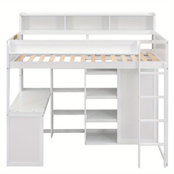 Wood Twin Size Loft bed with Multiple Storage Shelves and Wardrobe, White