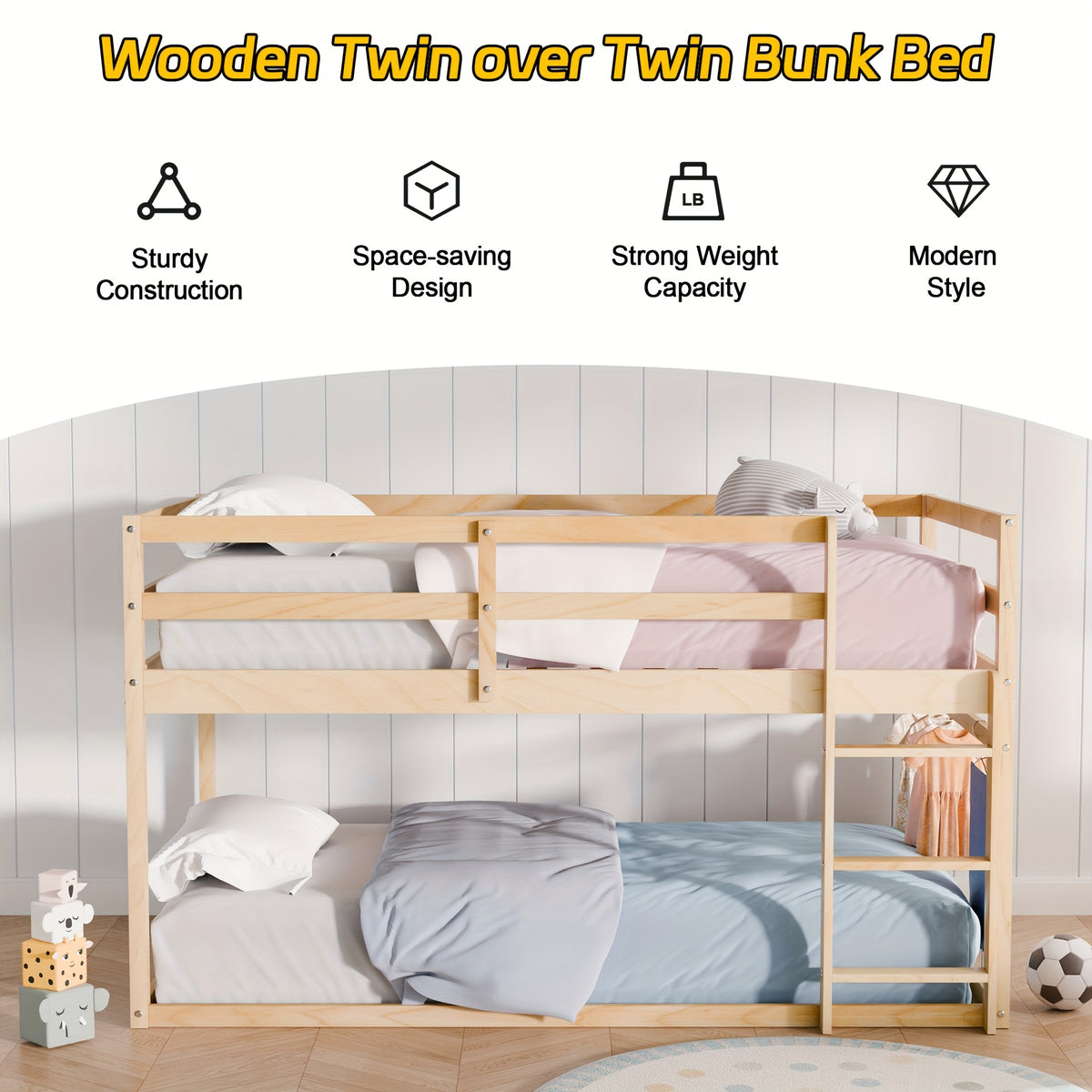 Bunk Low Bed, Solid Wood Twin Bunk Bed Frame With Full Guardrails And Integrated Ladder, Floor Bunk Bed For Bedroom