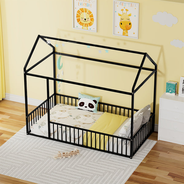 Twin\u002FFull Size Metal Floor Bed, Floor Bed Frame With Safety Fence For Bedroom, Can Be Decorated, No Box Spring Needed, Black And White