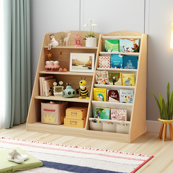 Multi-Functional Wooden Bookshelf & Toy Storage Cabinet - 6-Tier Ladder Shelf Organizer with 27\