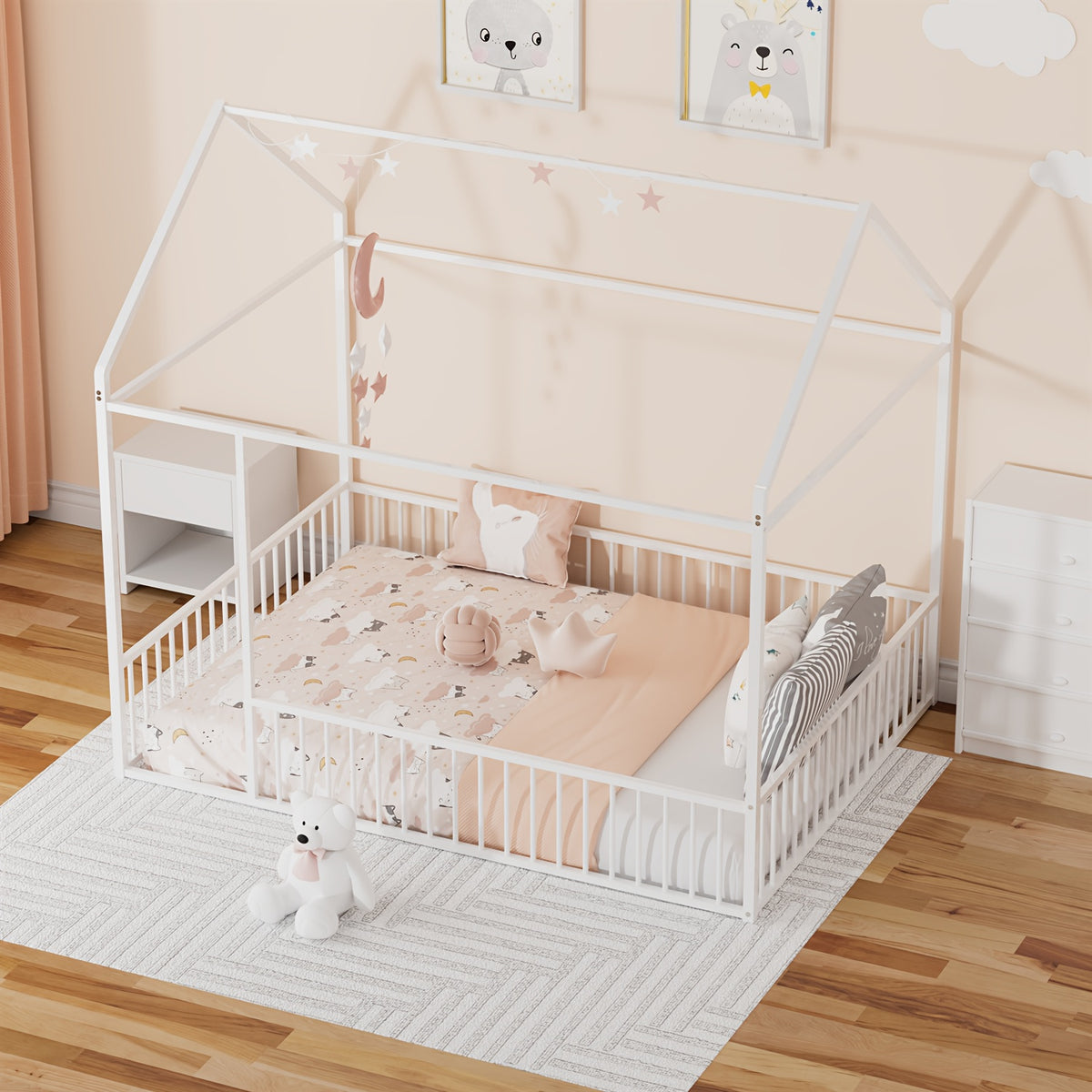 Twin\u002FFull Size Metal Floor Bed, Floor Bed Frame With Safety Fence For Bedroom, Can Be Decorated, No Box Spring Needed, Black And White