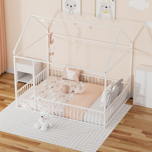 Twin\u002FFull Size Metal Floor Bed, Floor Bed Frame With Safety Fence For Bedroom, Can Be Decorated, No Box Spring Needed, Black And White