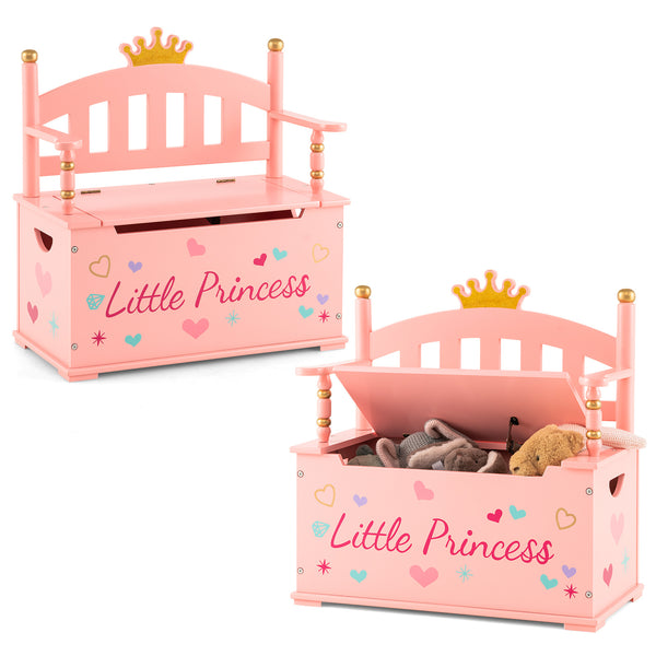 COSTWAY Kids Toy Storage Organizer, 2-in-1 Toy Storage Chest & Bench, w\u002F Safety Hinge & High Backrest, Cute Crown Pattern, Toy Storage Organizer for Kids Room, Playroom, Nursery
