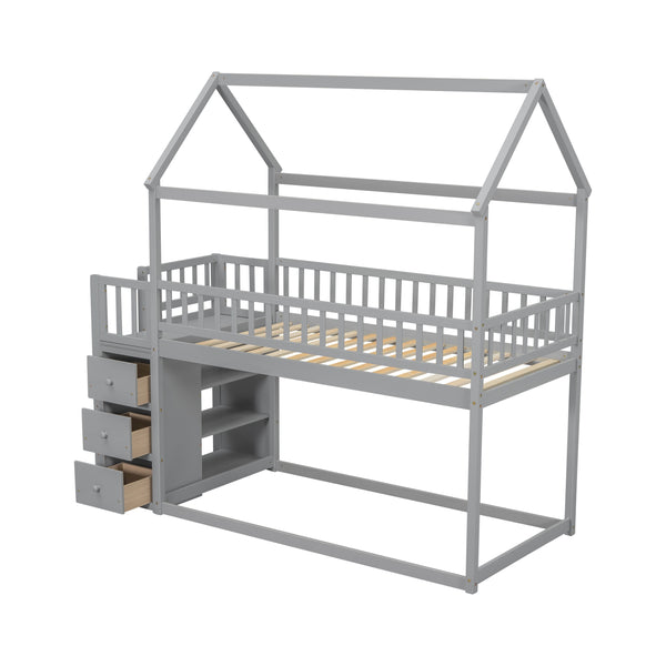HOUSE BUNK BED WITH SHELVES AND DRAWERS FOR GREY COLOR