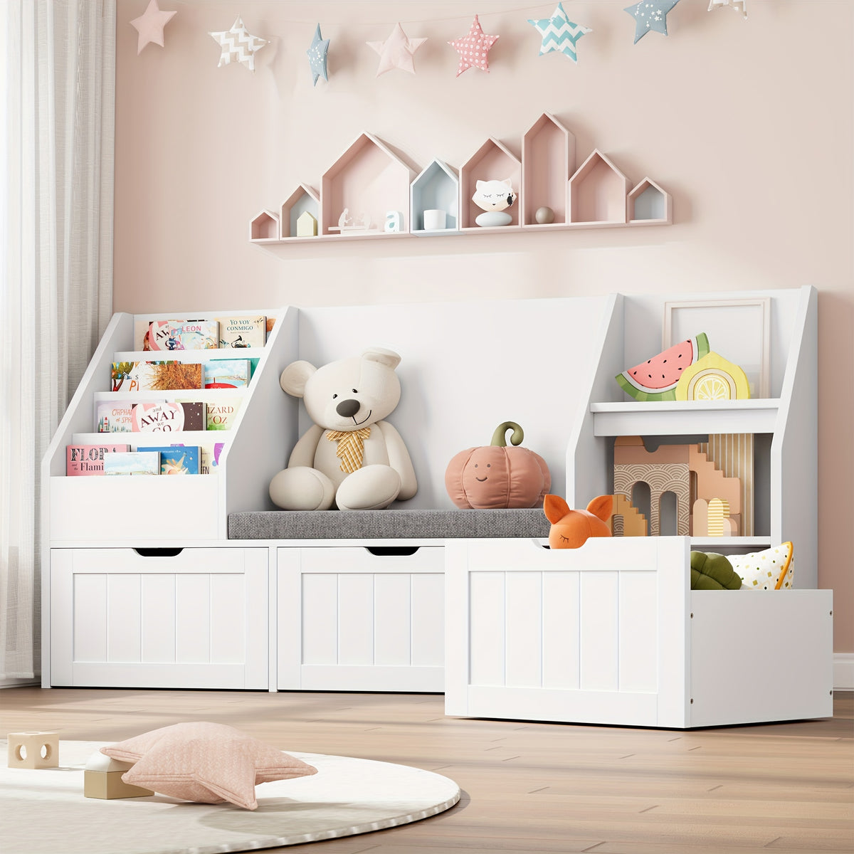 55.1'' White Bookshelf, Bookshelf With Reading Corner, Storage Cabinet With Seat Cushion And 3 Movable Drawers, Storage Bins And Storage Cabinet With Bench For Playroom, Living Room