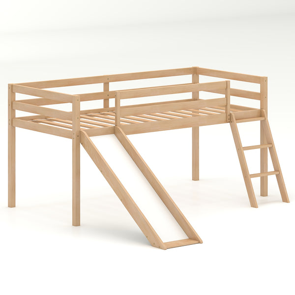 Modern Twin Size Loft Bed with Slide & Stairs, Solid Pine Wood, Space-Saving Design, Safety Guardrails, Anti-Slip Steps, Easy Assembly, Gray Finish for Youngsters' Room or Playroom, Youngsters' Room Furniture | Modern Aesthetic | Natural Finish Bed