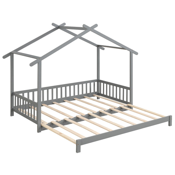 COSTWAY Adjustable Kids Bed Frame, Classic Style Wooden Daybed with Roof and Side Rails, Extendable from Twin to King Size, Hardwood and Wood-Based Panel Construction, with No Box Spring Required for Children 6-12 Years Old