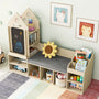 Kids Bookshelf With Cozy Reading Corner, Wooden Toy Organizer With Bench And Chalkboard, Toy Storage For Bedroom, Nursery, Or Playroom, Natural Oak Finish