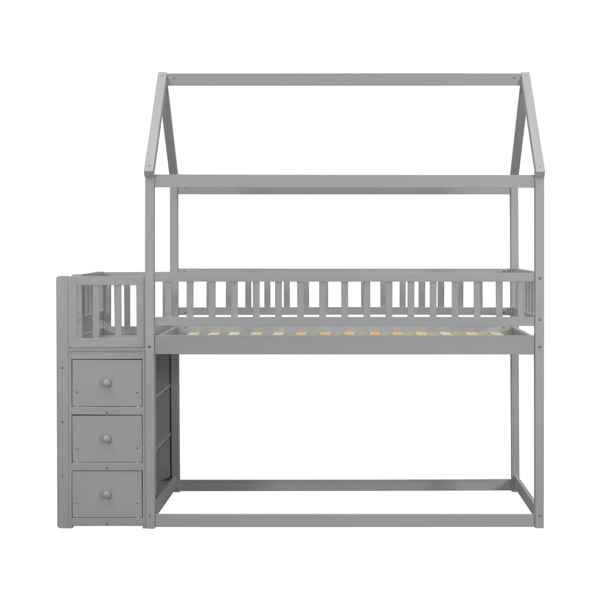 HOUSE BUNK BED WITH SHELVES AND DRAWERS FOR GREY COLOR