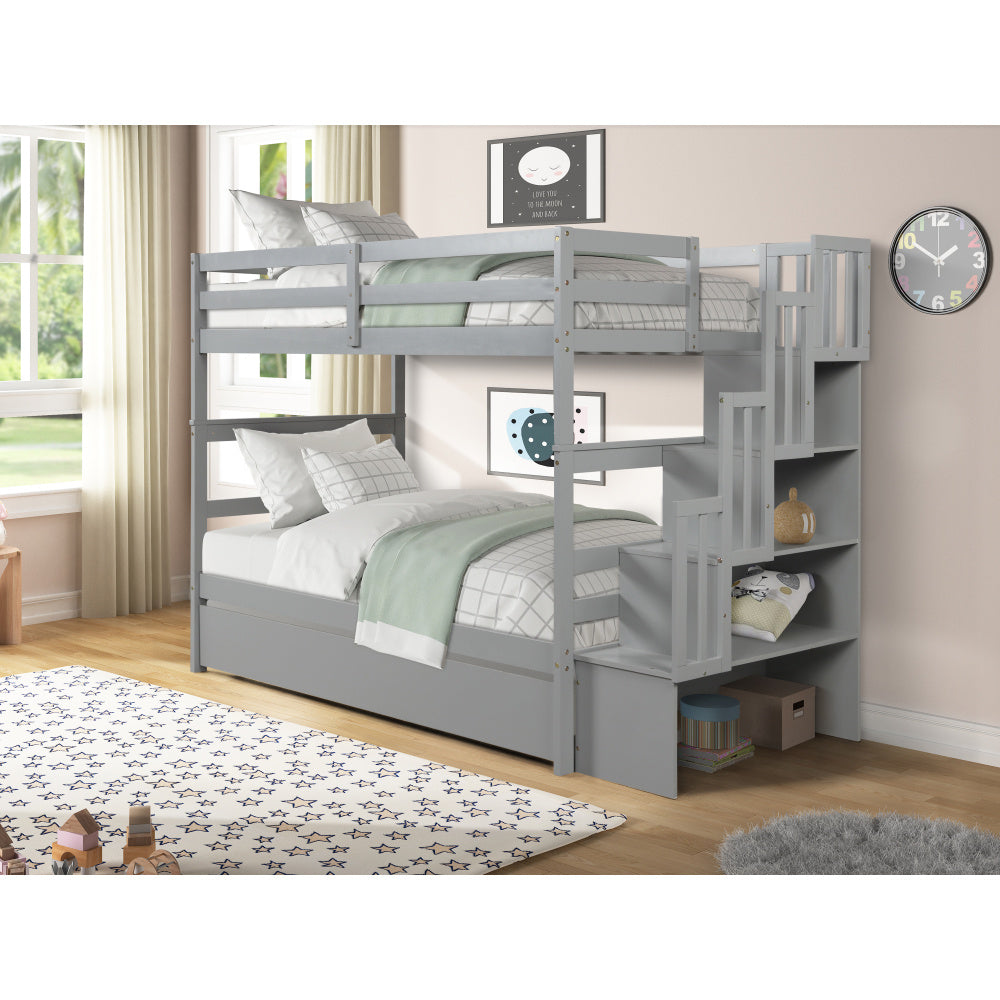 RIDFY Twin over Twin Bunk Bed with Twin Trundle & Stairway Storage - Space-Saving Hardwood Frame, Retro Style, Easy Assembly, Grey - Ideal for Youngsters' Rooms, Guest Bedrooms, Dorms