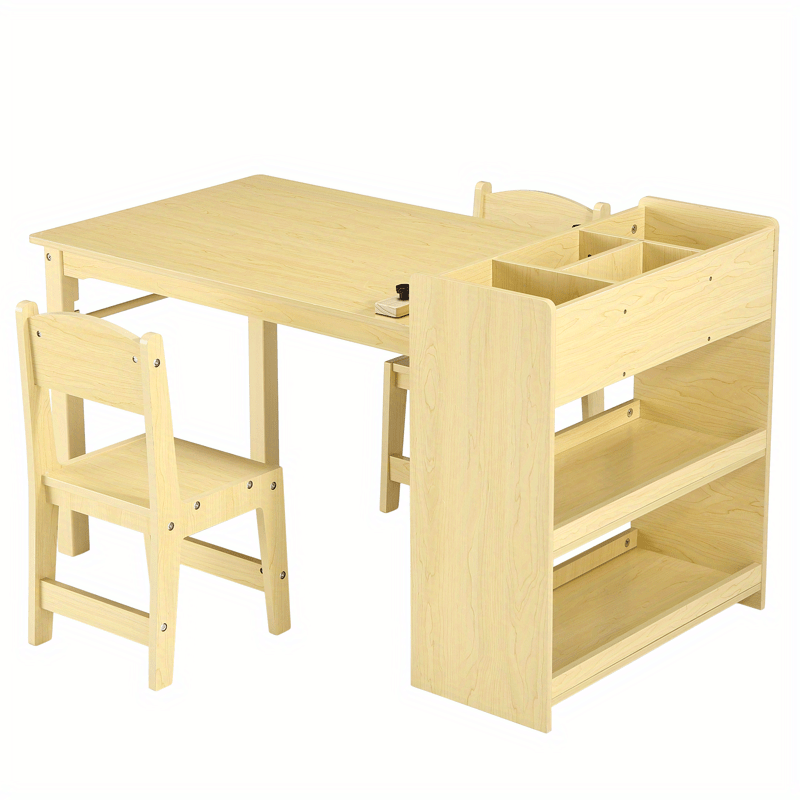 Kids Art Table With 2 Chairs, Toddler Craft Play Wood Activity Desk With Large Storage Shelves, Wood Activity Desk for Writing Drawing Suitable for Nursery & Classroom