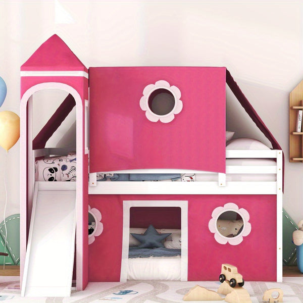 Twin Size Loft Bed with Slide Pink Tent and Tower Pink OLD SKU:WF532005AAH