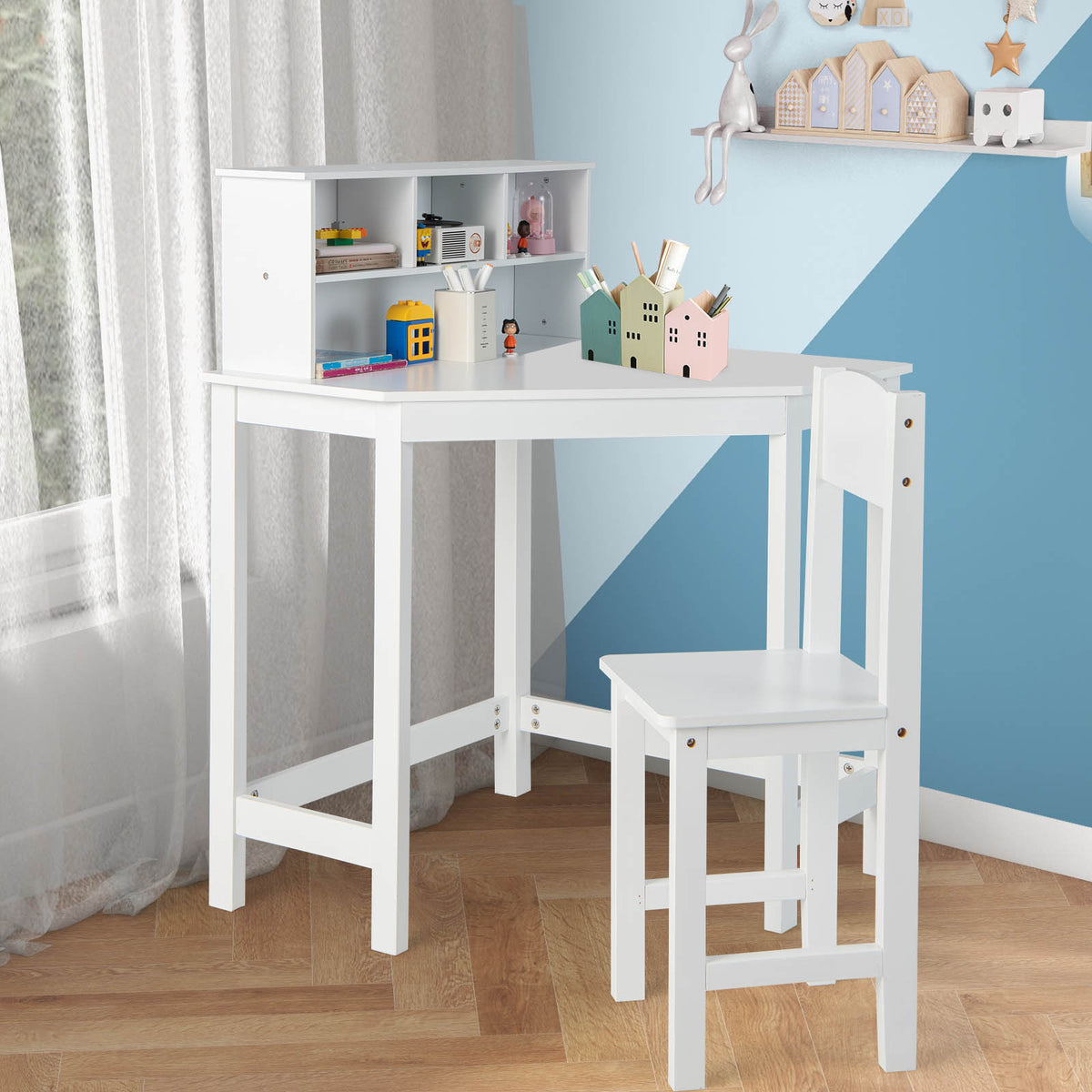 GOPLUS Study Desk And Chair Set, a Table Designed for Kids with a Chair, Hutch, And Storage, Perfect for Saving Space, Made with Sturdy Pine Wood Legs, Suitable for Children Aged 3 And Above.
